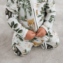 Zipster bamboo baby romper with double zip in jungle motif